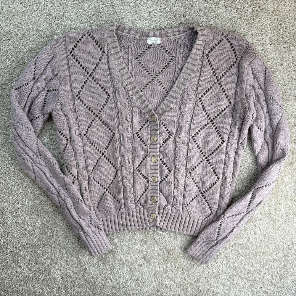 John Galt Cardigan Sweater Womens S Purple Cable Knit Button Front Long Sleeve